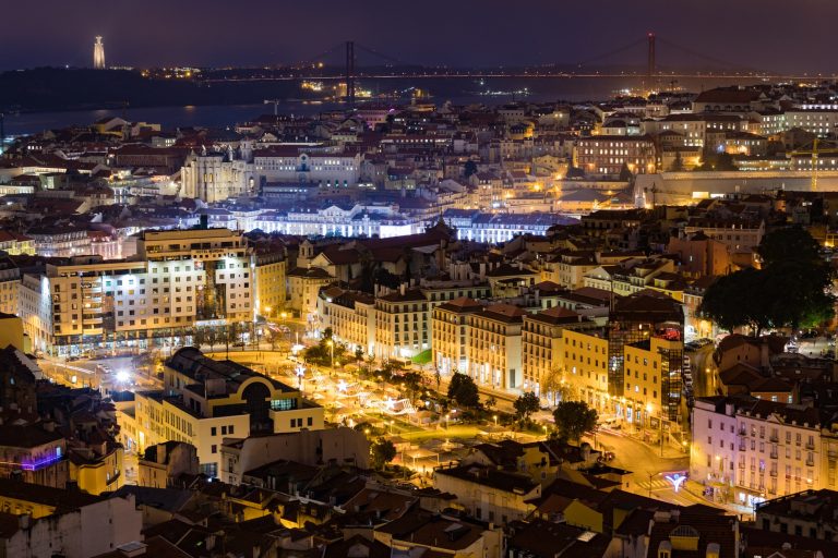 Nightfall in center of Old Town Lisbon Portugal EU